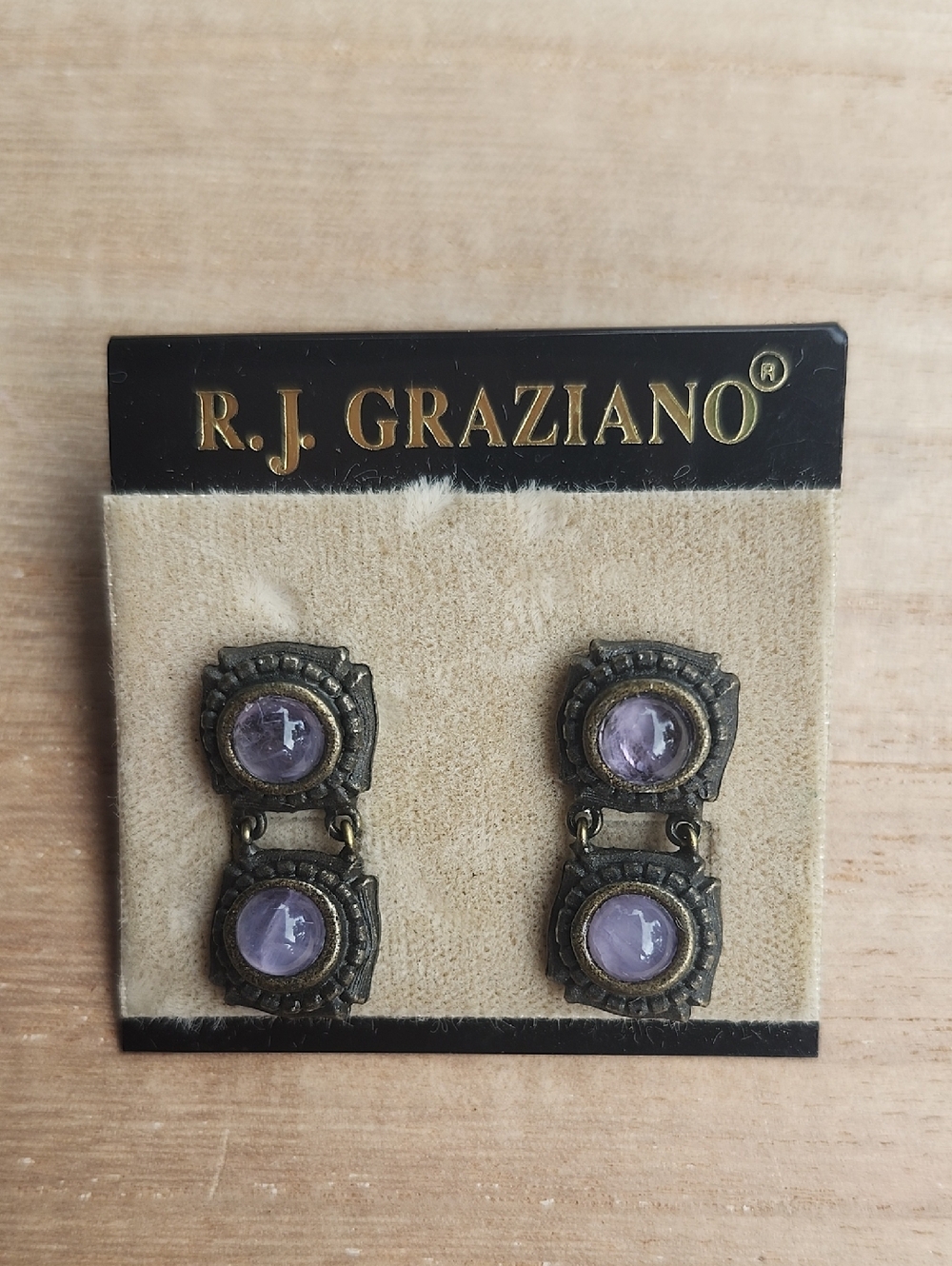 R.J. Graziano Brass-Tone Dangle Earrings with Lavender Cabochons